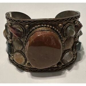 Vintage Silver Copper Tone Gem Stone Cuff Bracelet Tibetan Healing Boho